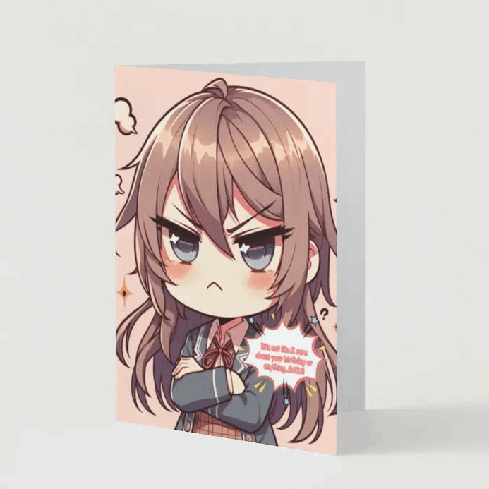 A chibi character with crossed arms, a blush, and a pout, embodying tsundere energy on an Anime Humor Card. The front text reads: “It’s not like I care about your birthday or anything… BAKA!