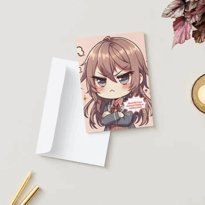 A chibi character with crossed arms, a blush, and a pout, embodying tsundere energy on an Anime Humor Card. The front text reads: “It’s not like I care about your birthday or anything… BAKA!