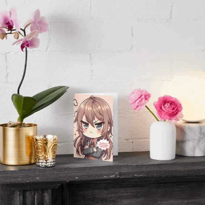 A chibi character with crossed arms, a blush, and a pout, embodying tsundere energy on an Anime Humor Card. The front text reads: “It’s not like I care about your birthday or anything… BAKA!