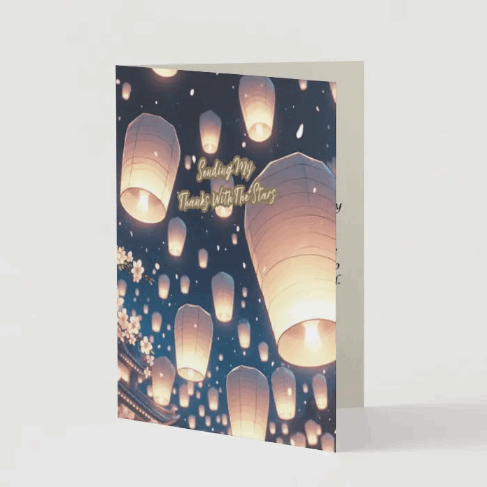 Illustration of an anime-style lantern festival, where softly glowing paper lanterns rise into the night sky, accompanied by floating cherry blossom petals.