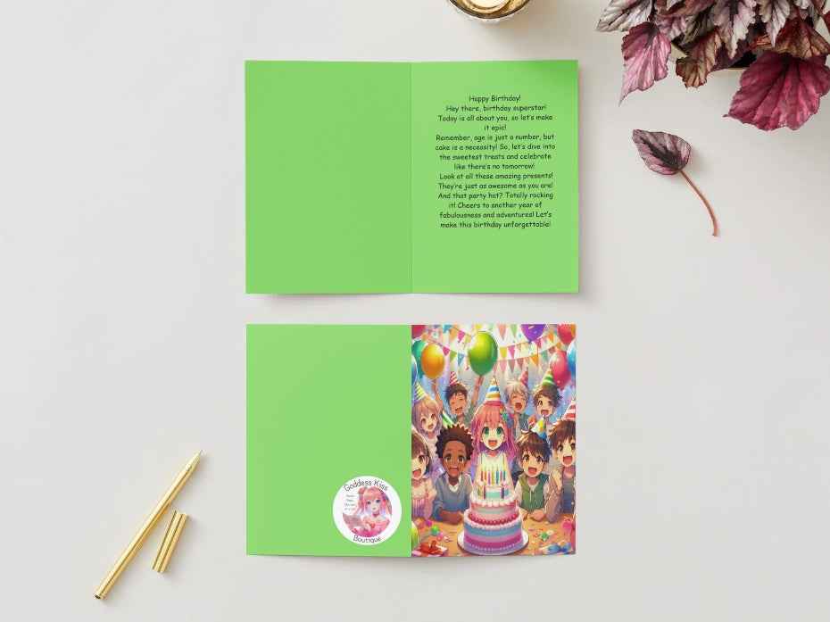 Anime Birthday Card - Green Party Celebration Design - Cake & Friends Greeting Card