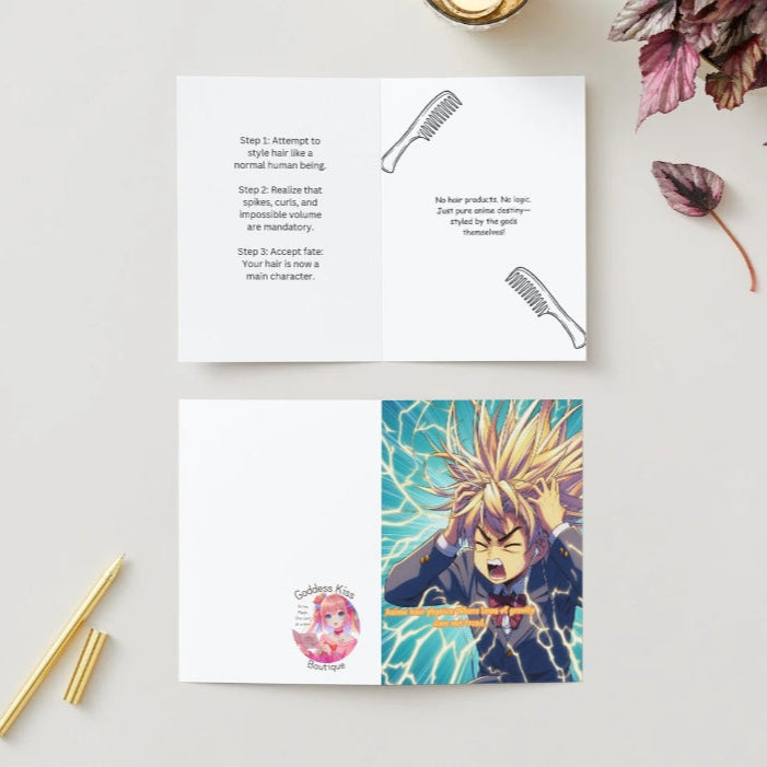 A colorful anime humor greeting card featuring a frustrated Gekiga-style character struggling to tame their wildly spiky anime hair, paired with a bold and comedic message.