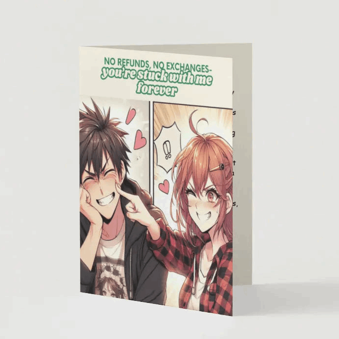 Illustration of a comic-style anime couple, one playfully teasing the other while the teased partner reacts with exaggerated frustration and hidden adoration.