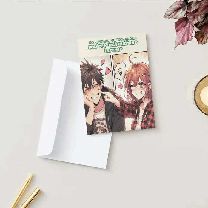 Illustration of a comic-style anime couple, one playfully teasing the other while the teased partner reacts with exaggerated frustration and hidden adoration.