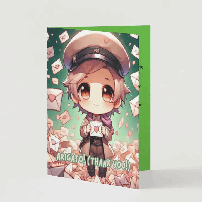 Illustration of a chibi anime messenger holding a heart-shaped letter, surrounded by floating thank-you notes, glowing with warmth and appreciation.