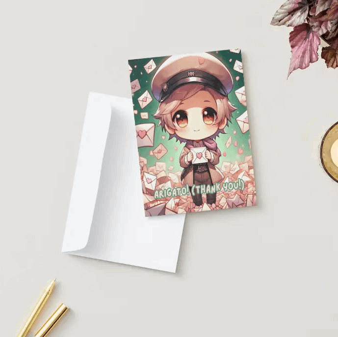 Illustration of a chibi anime messenger holding a heart-shaped letter, surrounded by floating thank-you notes, glowing with warmth and appreciation.