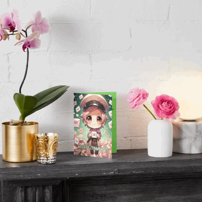 Illustration of a chibi anime messenger holding a heart-shaped letter, surrounded by floating thank-you notes, glowing with warmth and appreciation.