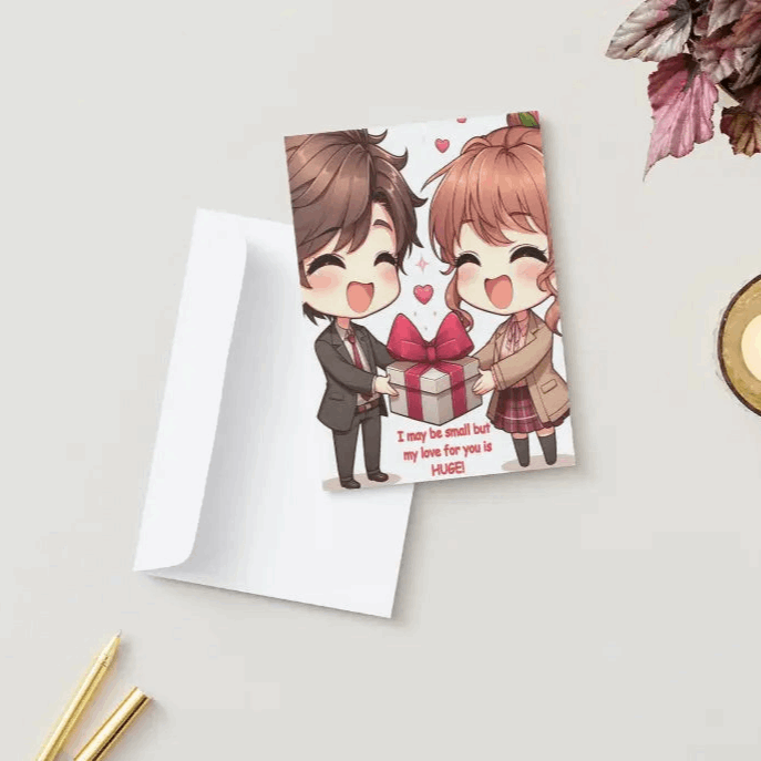 Illustration of a chibi-style anime couple exchanging heart-shaped gifts with exaggerated happy tears and joyful expressions, symbolizing adorable and boundless love.
