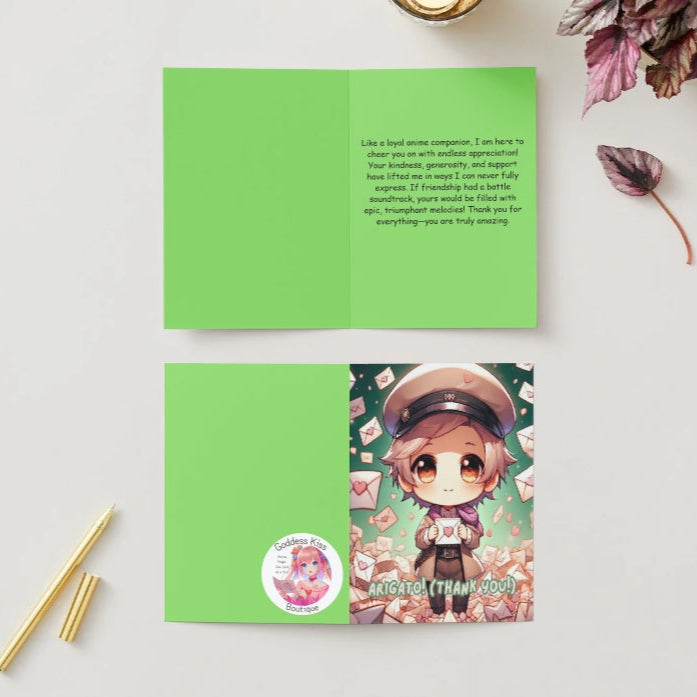 Anime Thank You Card - Chibi Messenger Design - Kawaii Gratitude Delivery Card - Goddess Kiss Boutique