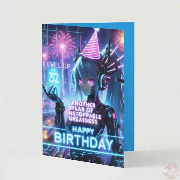 Anime Birthday Card - Cyberpunk Level Up Design - Gaming Neon City Celebration