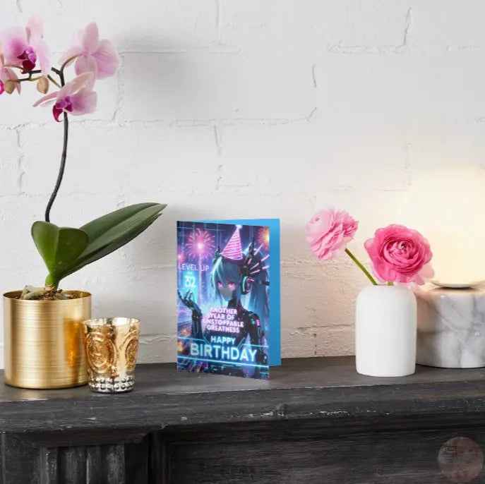 Anime Birthday Card - Cyberpunk Level Up Design - Gaming Neon City Celebration