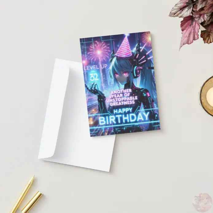 Anime Birthday Card - Cyberpunk Level Up Design - Gaming Neon City Celebration