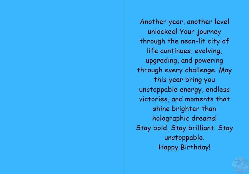 Anime Birthday Card - Cyberpunk Level Up Design - Gaming Neon City Celebration