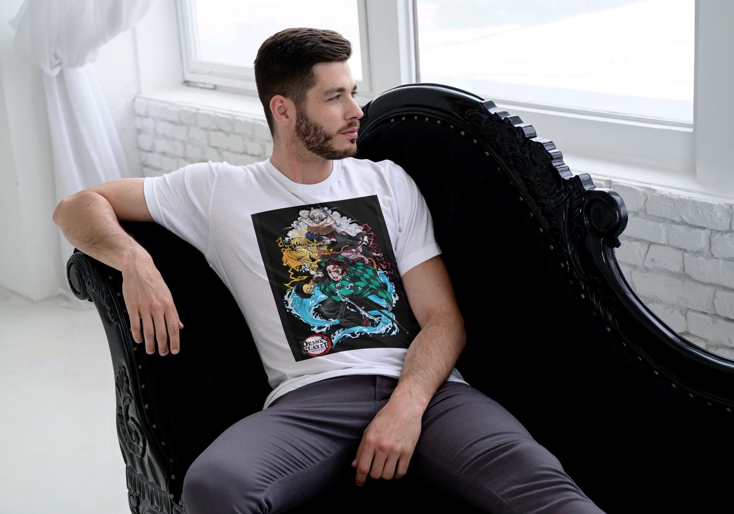 Demon Slayer squad anime t-shirt featuring Tanjiro, Nezuko, Zenitsu, and Inosuke group design on unisex triblend fabric