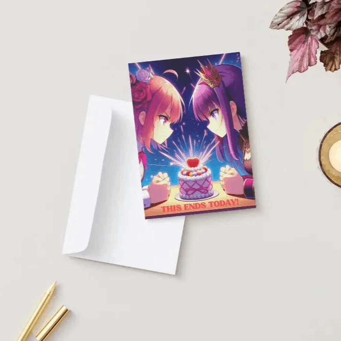 A humorous anime greeting card featuring two moe-anime rivals glaring at each other intensely, sparks flying, while a tiny cake sits between them, untouched.