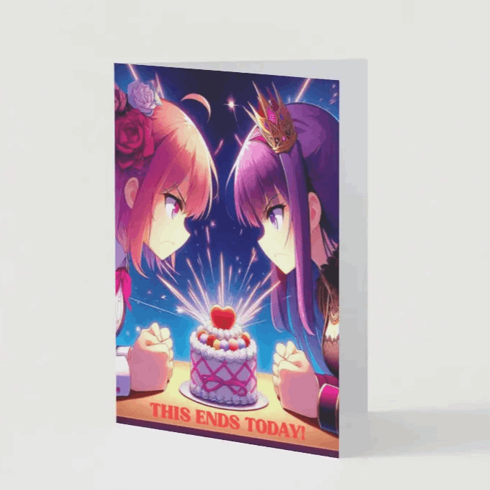 A humorous anime greeting card featuring two moe-anime rivals glaring at each other intensely, sparks flying, while a tiny cake sits between them, untouched.