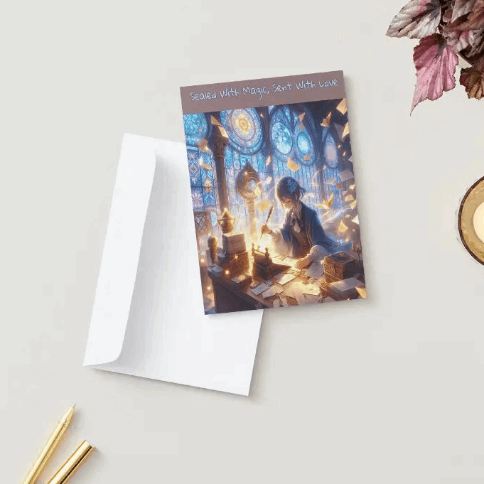 Illustration of an anime thank you card featuring an enchanted post office with floating letters, glowing wax seals, and magical shopkeepers crafting heartfelt messages under a cosmic blue light.