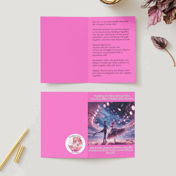 An anime-style anniversary card featuring a romantic couple dancing beneath glowing cherry blossoms, surrounded by softly lit lanterns and drifting petals.