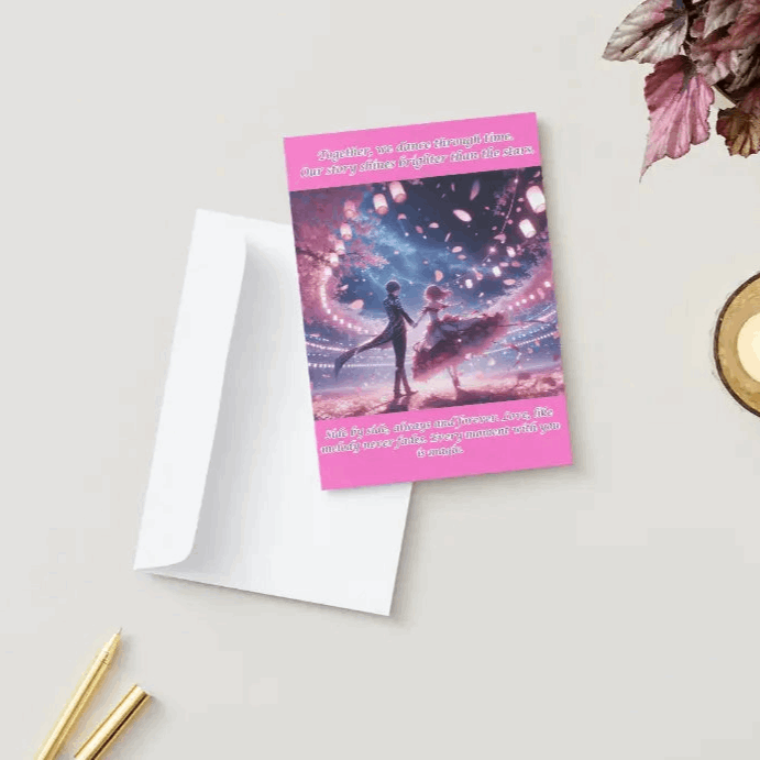 An anime-style anniversary card featuring a romantic couple dancing beneath glowing cherry blossoms, surrounded by softly lit lanterns and drifting petals.
