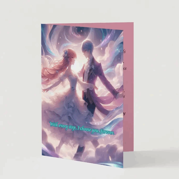 Illustration of an anime-style couple waltzing through the clouds, their flowing outfits blending into radiant swirls of light and color, symbolizing eternal love and harmony.