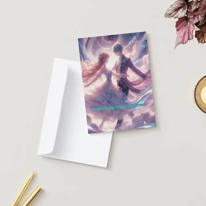 Illustration of an anime-style couple waltzing through the clouds, their flowing outfits blending into radiant swirls of light and color, symbolizing eternal love and harmony.