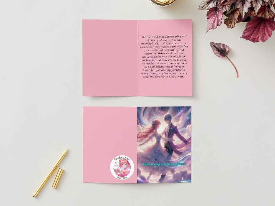 Anime Anniversary Card - Ethereal Dance Design - Floating Romance Celebration Card