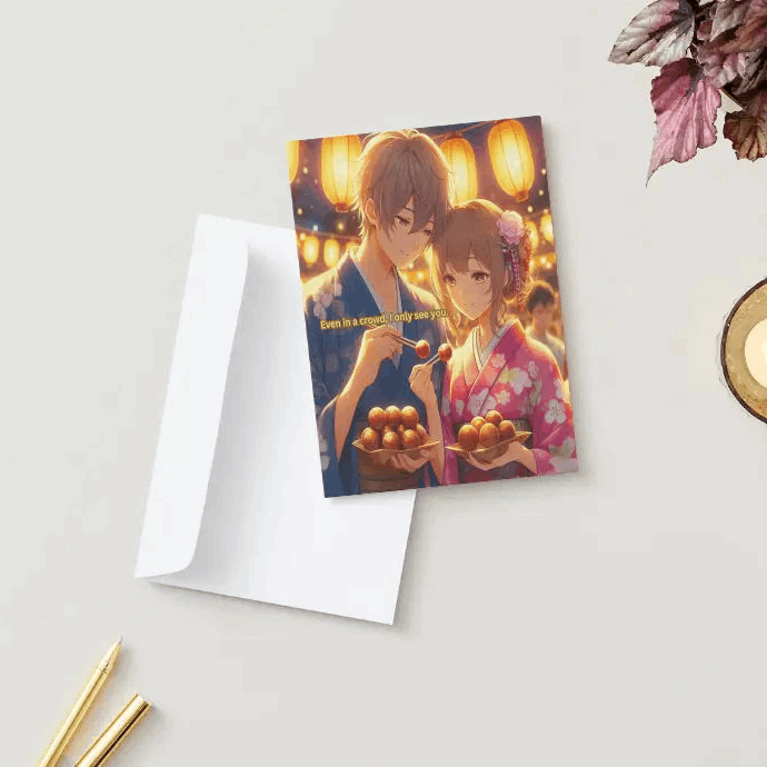A folded Festival Romance anime anniversary card featuring an illustration of an anime couple dressed in yukata, sharing takoyaki under glowing festival lanterns. The front message reads: Even in a crowd, I only see you. Inside, a heartfelt love note reflects their deep connection amidst the bustling summer festival.