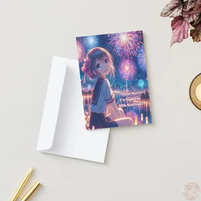 Anime Thank You Card - Fireworks Design - Celebration Gratitude Burst Card - Goddess Kiss Boutique