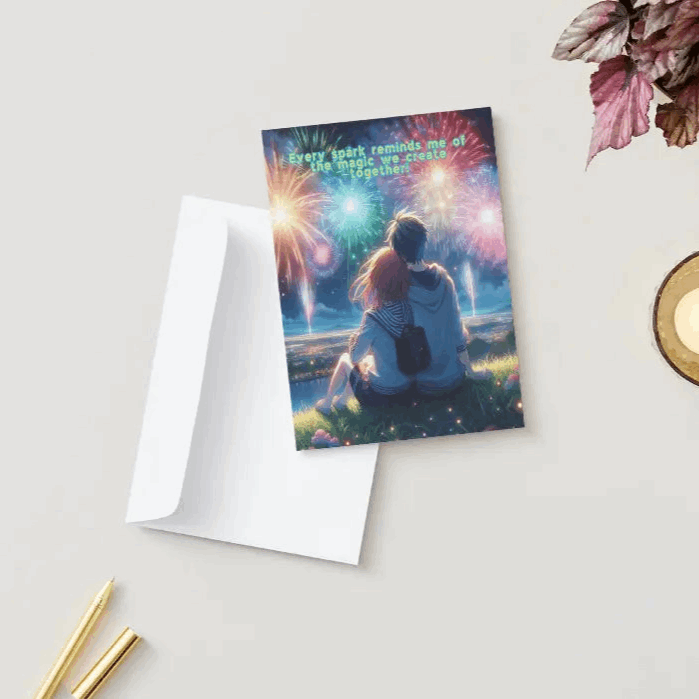 A folded Fireworks of Love anime anniversary card featuring an illustration of two anime lovers sitting on a grassy hill at night, watching fireworks illuminate the sky while leaning against each other. The front reads: Every spark reminds me of the magic we create together. Inside, a heartfelt message celebrates the wonder and brilliance of their love story.