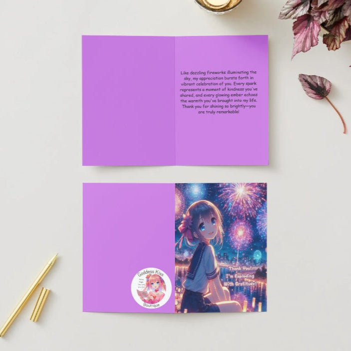 Anime Thank You Card - Fireworks Design - Celebration Gratitude Burst Card - Goddess Kiss Boutique