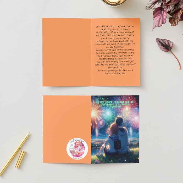 Anime Anniversary Card - Fireworks of Love Design - Romantic Celebration Spectacle Card