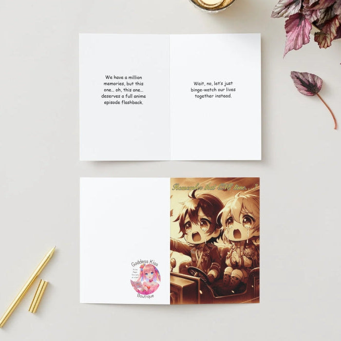 An anime-inspired friendship card featuring nostalgic humor. The text reminisces about shared memories and jokes about turning them into an anime flashback or binge-watching their lives together. A sepia-toned illustration shows two friends excitedly watching TV. The card is displayed on a white surface with a gold pen, pencil, and purple-leafed plant nearby.