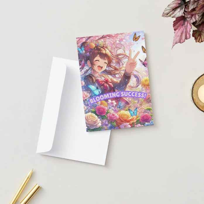 Anime Congratulations Card - Flower Power Success - Floral Congratulations Card