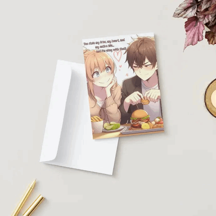 Illustration of an anime-style couple, with the male character happily eating while the female character lovingly stares in mild annoyance as her food gets stolen. The caption reads, "You stole my fries, my heart, and my entire life… and I’m okay with that.