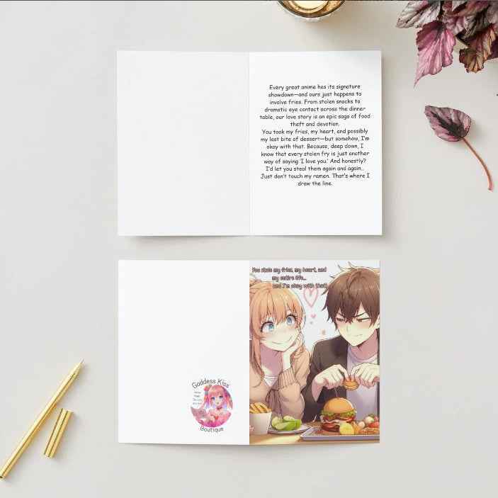 Anime Anniversary Card - Food Fight Romance Design - Cute Couple Dining Celebration Card