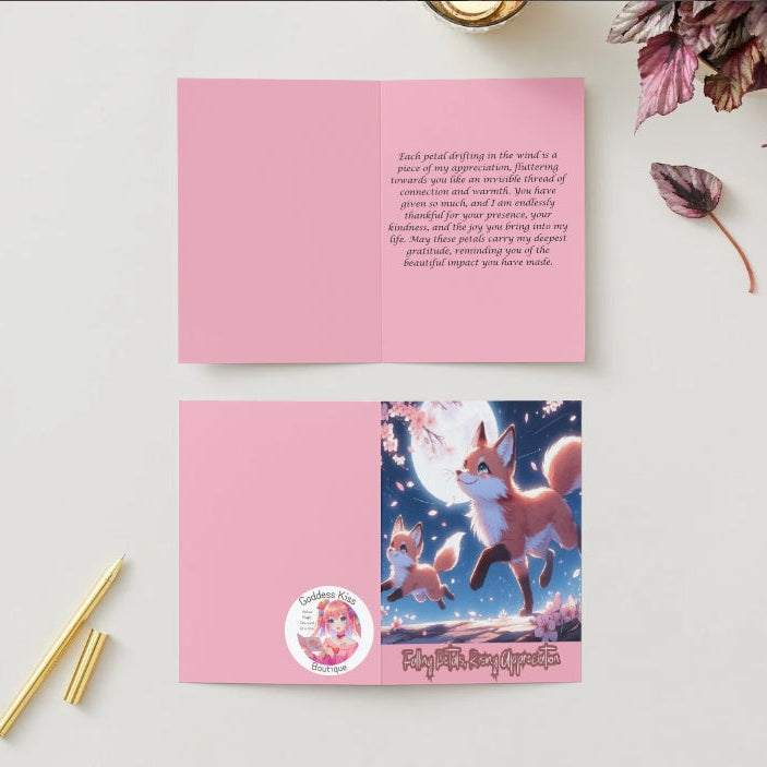 Anime Thank You Card - Fox Cub Design - Cherry Blossom Gratitude Kawaii Card - Goddess Kiss Boutique