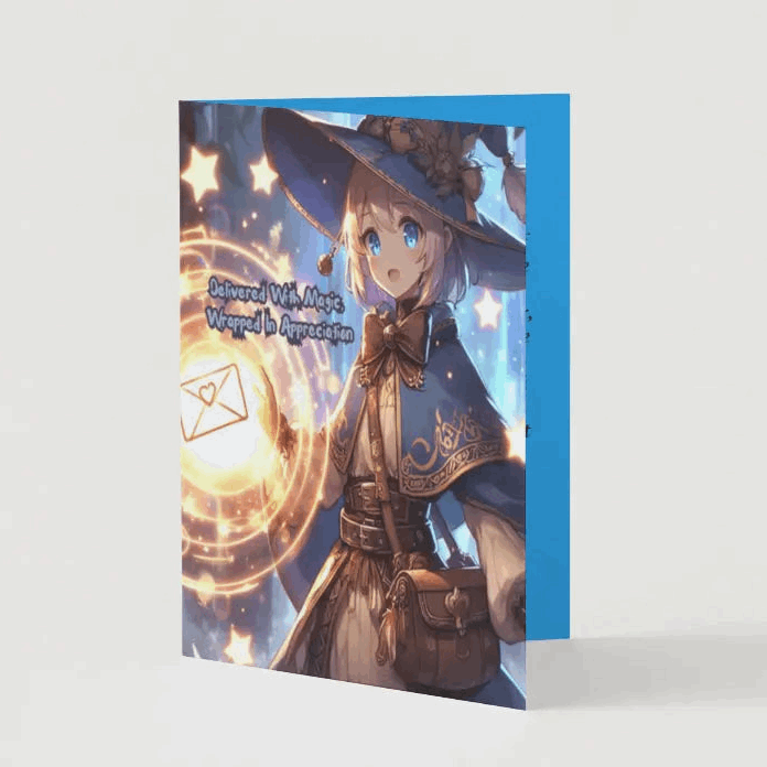 Illustration of a fantasy-themed anime mage, conjuring glowing messages of thanks through magical portals, surrounded by radiant energy.