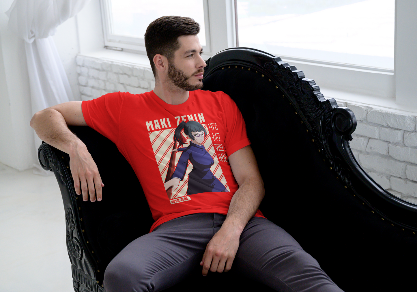 Jujutsu Kaisen Maki Zenin anime t-shirt featuring diagonal stripe design with beige text and Japanese characters on unisex triblend fabric