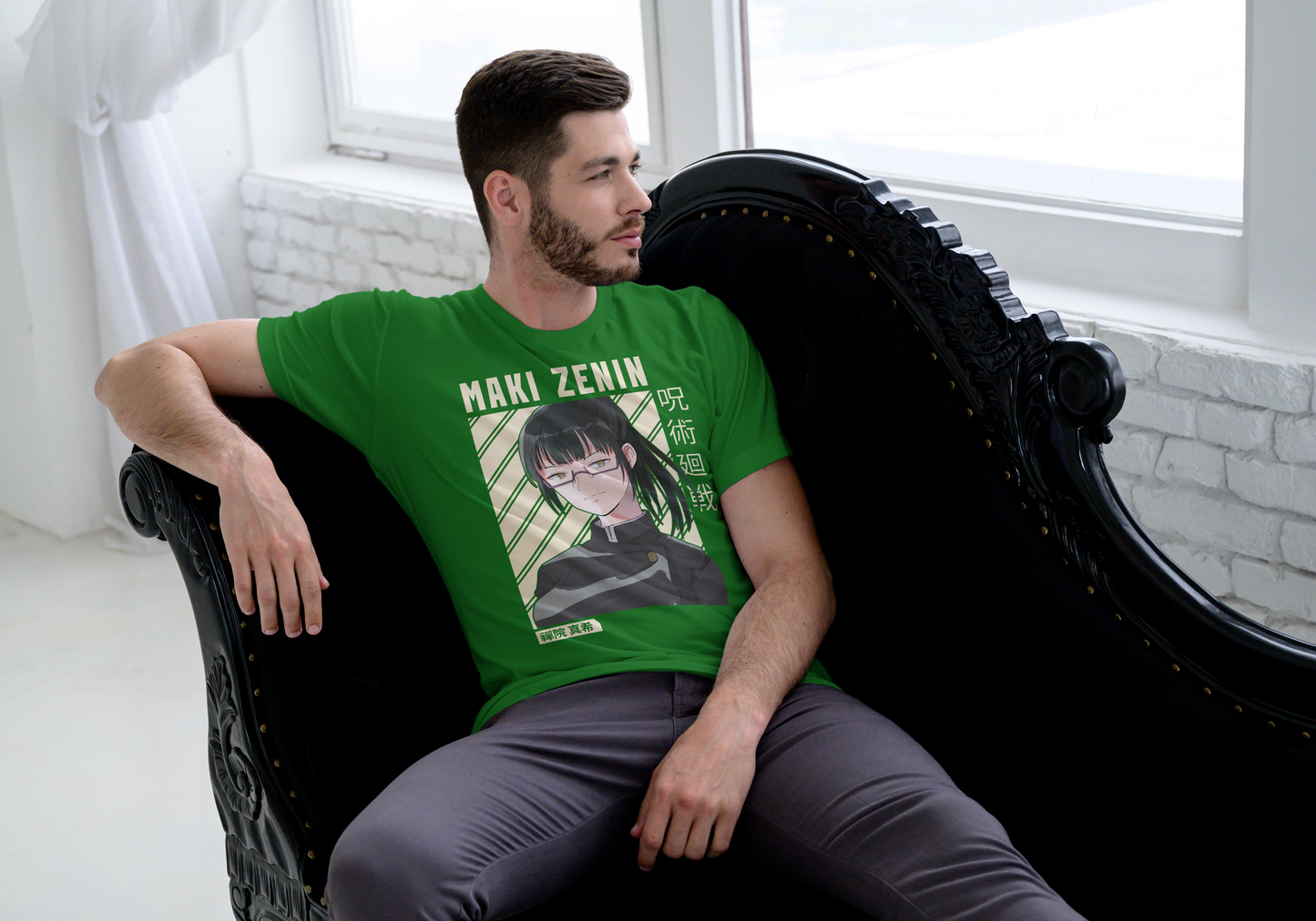 Jujutsu Kaisen Maki Zenin anime t-shirt featuring beige portrait design with diagonal stripes on unisex triblend fabric