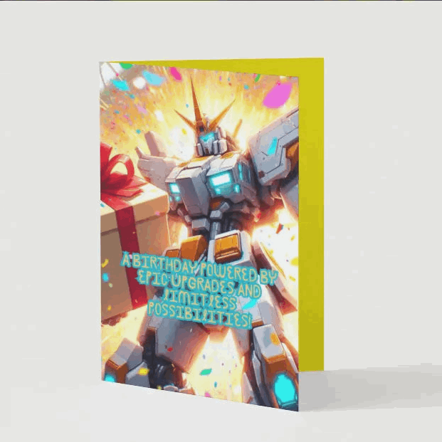 A towering anime mecha hero bursts onto the scene, surrounded by electrifying energy blasts and a shower of colorful confetti explosions. Its metallic armor gleams under the neon-lit city skyline, radiating unstoppable power and celebration. In its massive hands, the robotic giant holds an enormous wrapped gift—gripped like a treasured artifact—ready to deliver birthday excitement. The scene is dynamic and thrilling, capturing the futuristic, high-tech energy of an unforgettable birthday celebration.