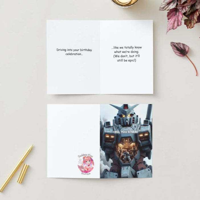 A towering mecha stands in full form, ready for action, while two tiny anime pilots inside the cockpit argue over who should drive. The chaotic energy of their debate contrasts with the mecha’s imposing presence, featured on an Anime Humor Card perfect for fans of giant robots and comedic teamwork struggles.