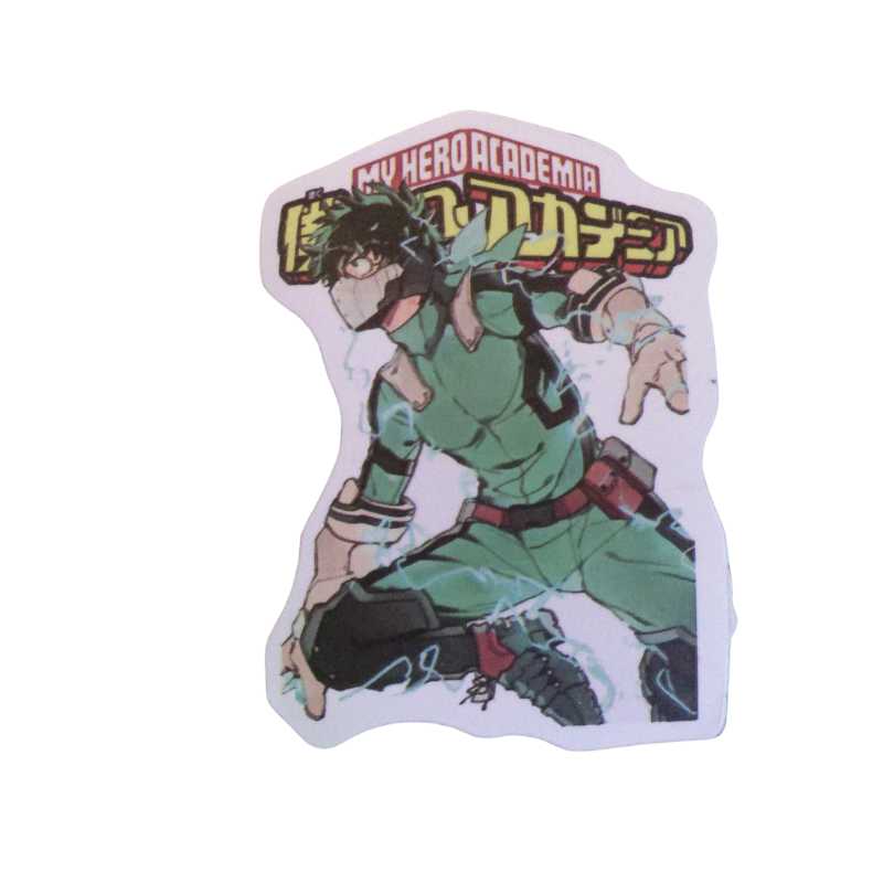 Collection of 100 My Hero Academia anime character stickers featuring popular heroes like Deku, Bakugo, Todoroki, All Might, and other beloved MHA characters, available as individual $1 vinyl stickers