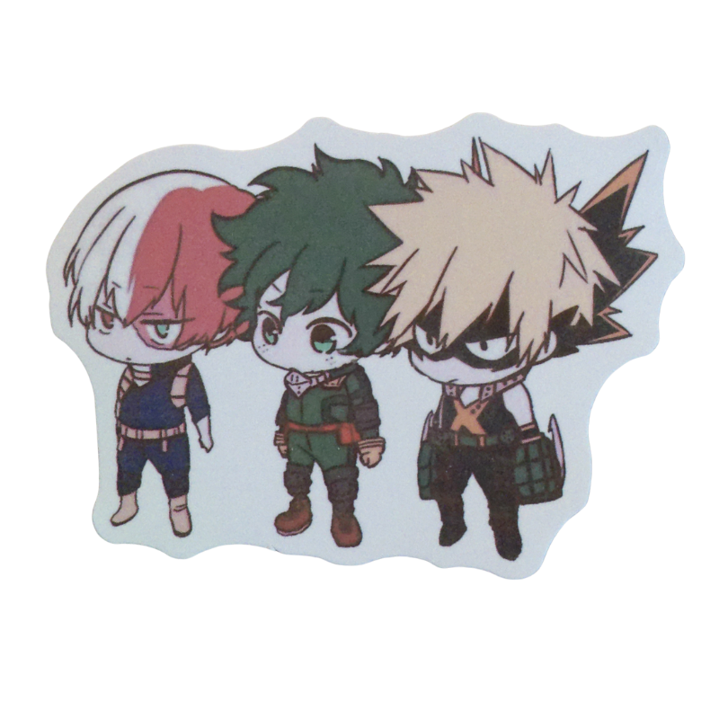 Collection of 100 My Hero Academia anime character stickers featuring popular heroes like Deku, Bakugo, Todoroki, All Might, and other beloved MHA characters, available as individual $1 vinyl stickers
