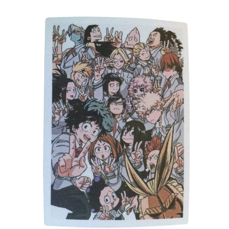 Collection of 100 My Hero Academia anime character stickers featuring popular heroes like Deku, Bakugo, Todoroki, All Might, and other beloved MHA characters, available as individual $1 vinyl stickers