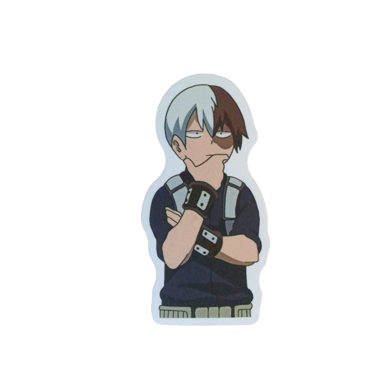 Collection of 100 My Hero Academia anime character stickers featuring popular heroes like Deku, Bakugo, Todoroki, All Might, and other beloved MHA characters, available as individual $1 vinyl stickers