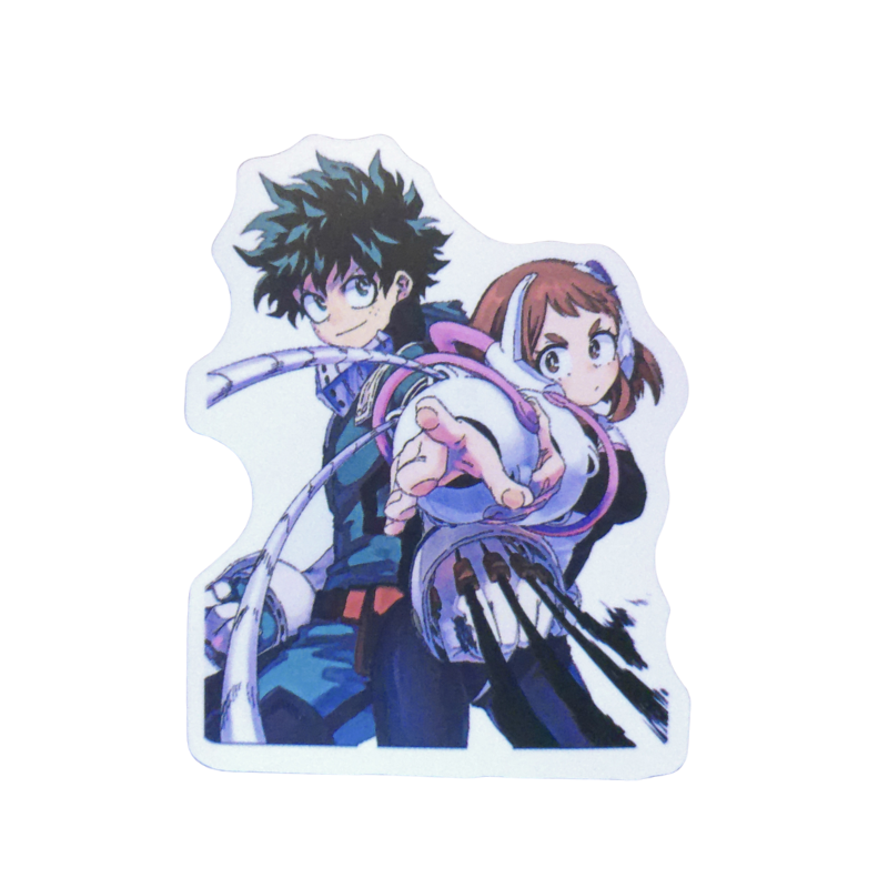 Collection of 100 My Hero Academia anime character stickers featuring popular heroes like Deku, Bakugo, Todoroki, All Might, and other beloved MHA characters, available as individual $1 vinyl stickers