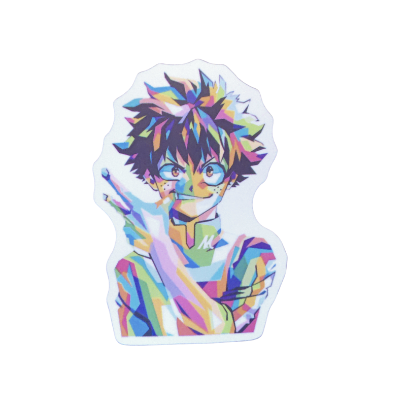 Collection of 100 My Hero Academia anime character stickers featuring popular heroes like Deku, Bakugo, Todoroki, All Might, and other beloved MHA characters, available as individual $1 vinyl stickers
