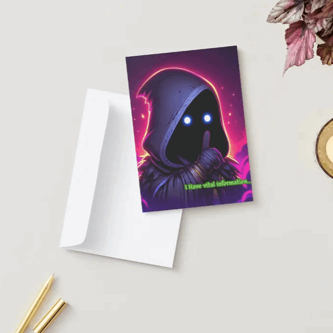 A colorful anime humor greeting card featuring a shadowy chibi character with glowing eyes, peeking from their cloak, delivering “I have vital information…” with dramatic flair.