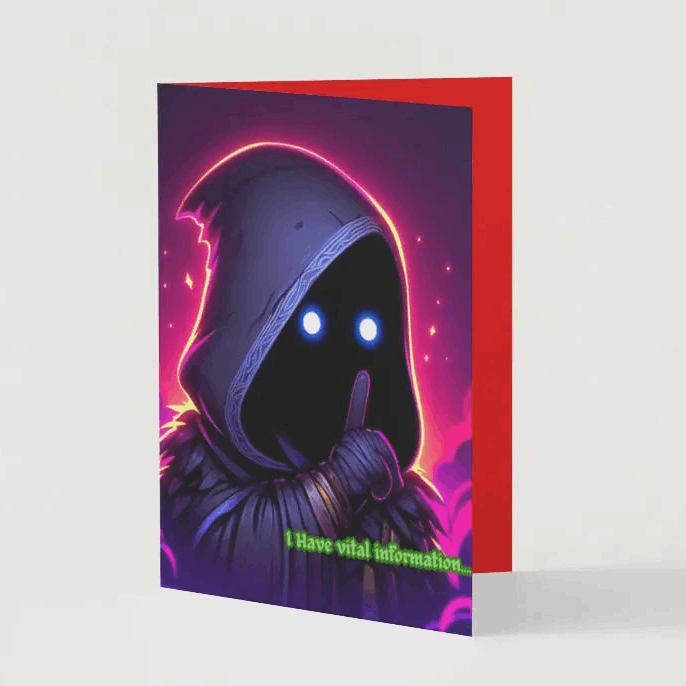 A colorful anime humor greeting card featuring a shadowy chibi character with glowing eyes, peeking from their cloak, delivering “I have vital information…” with dramatic flair.