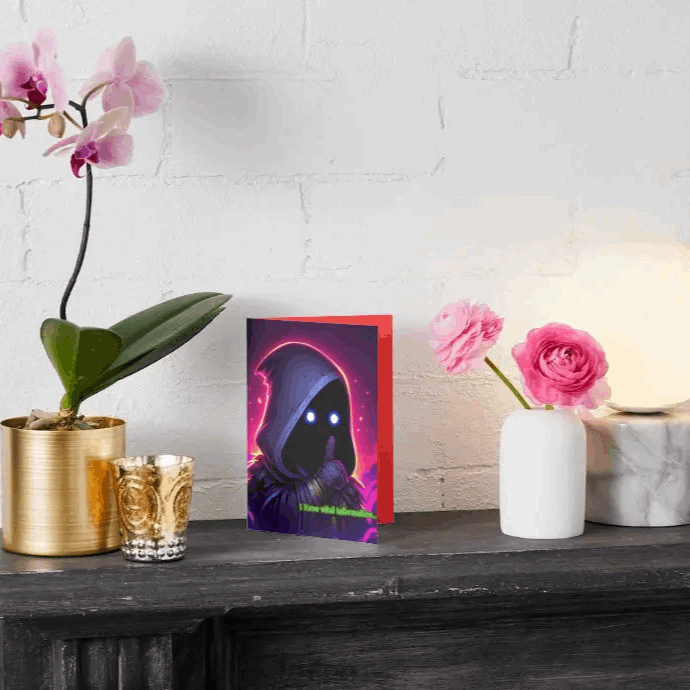 A colorful anime humor greeting card featuring a shadowy chibi character with glowing eyes, peeking from their cloak, delivering “I have vital information…” with dramatic flair.